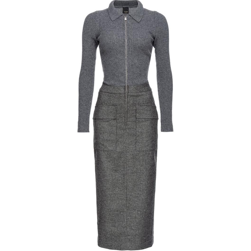 (Women) PINKO SS24 Slim Fit Gray Midi Dress with Zipper Lapel and Slit for Women. 104235A25M-ZI2