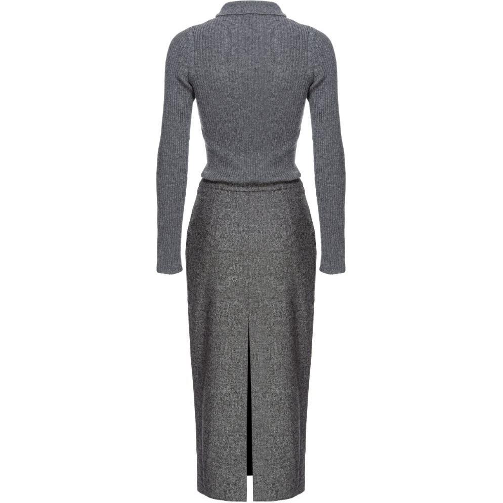 Lookbook (W) PINKO SS24女士修身灰色中长连衣裙带拉链翻领和开叉设计。 104235A25M-ZI2