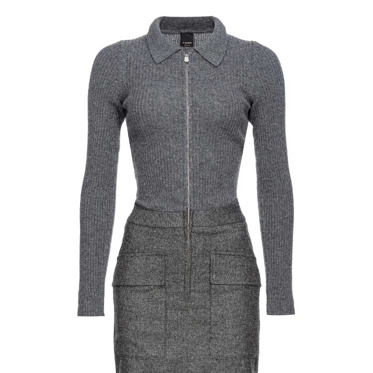 Shop (W) PINKO SS24女士修身灰色中长连衣裙带拉链翻领和开叉设计。 104235A25M-ZI2