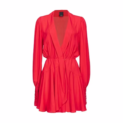 (Women) PINKO SS24 Solid V-Neck Flared Long Sleeve Dress Women - Bright Red 104100A207