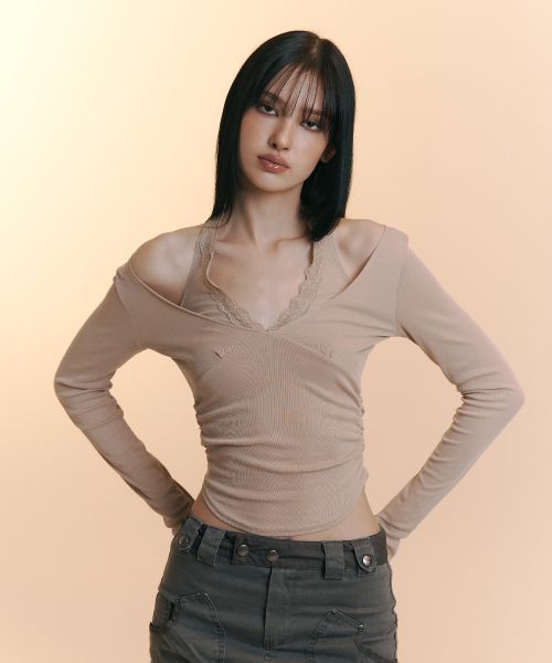 (Women) PLEASE NO FOLLOW Amelia Lace Halter Long Sleeve Top - Skin Beige PNBETP069BE