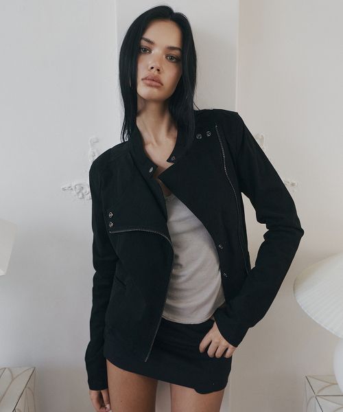 (Women) Please No Follow Asym Cotton Washed Black Jacket PNBFJA004BK
