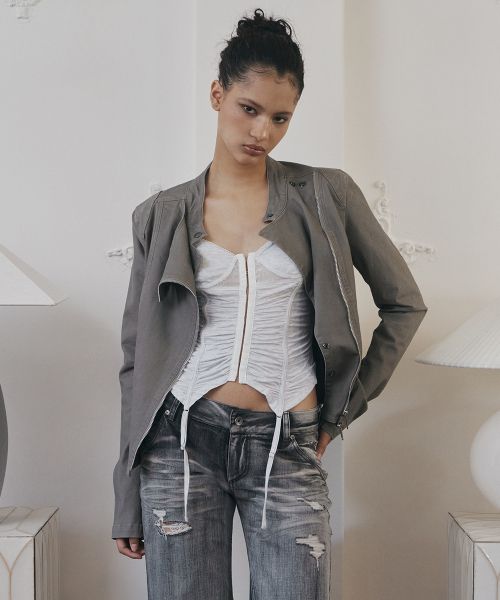 (Women) Please No Follow Asym Cotton Washed Jacket - Washed Khaki Grey PNBFJA004KK