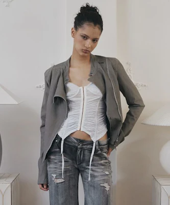 (Women) Please No Follow Asym Cotton Washed Jacket - Washed Khaki Grey PNBFJA004KK Buy (Women) Please No Follow Asym Cotton Washed Jacket - Washed Khaki Grey PNBFJA004KK