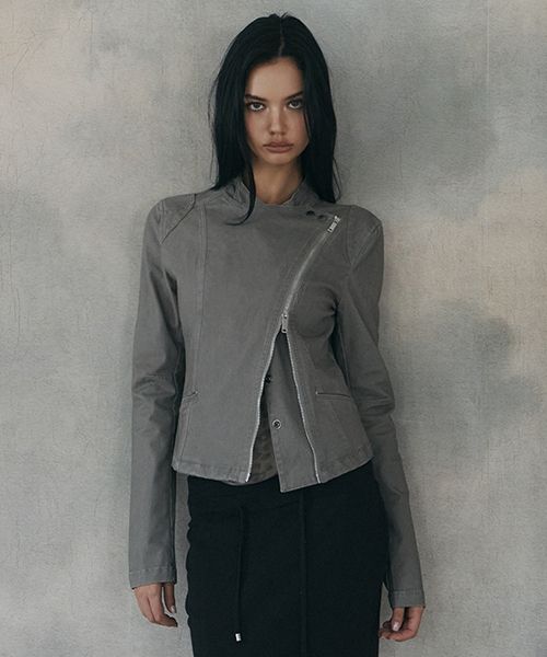 Order (Women) Please No Follow Asym Cotton Washed Jacket - Washed Khaki Grey PNBFJA004KK
