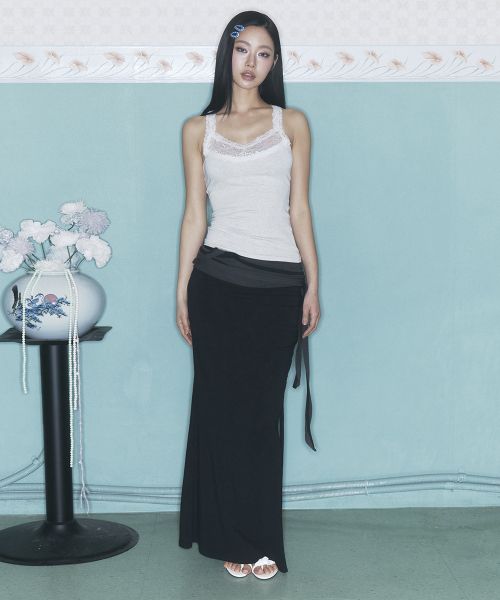 (Women) PLEASE NO FOLLOW Ina Shirring Long Black Skirt PNBFSK005BK