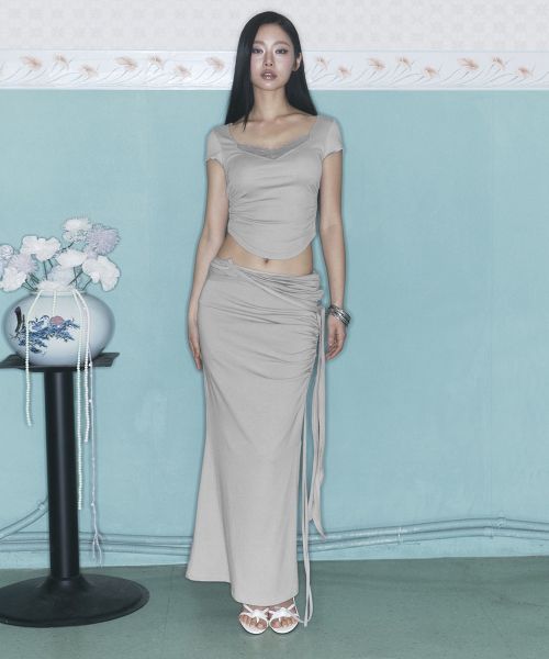 (Women) PLEASE NO FOLLOW Ina Shirring Long Skirt - Ash Beige Elegant Maxi Skirt PNBFSK005BE