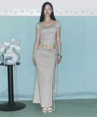 (Women) PLEASE NO FOLLOW Ina Shirring Long Skirt - Ash Beige Elegant Maxi Skirt PNBFSK005BE Buy (Women) PLEASE NO FOLLOW Ina Shirring Long Skirt - Ash Beige Elegant Maxi Skirt PNBFSK005BE