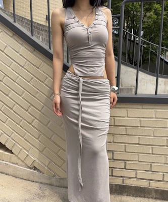 (Women) PLEASE NO FOLLOW Ina Shirring Long Skirt - Ash Beige Elegant Maxi Skirt PNBFSK005BE Purchase (Women) PLEASE NO FOLLOW Ina Shirring Long Skirt - Ash Beige Elegant Maxi Skirt PNBFSK005BE