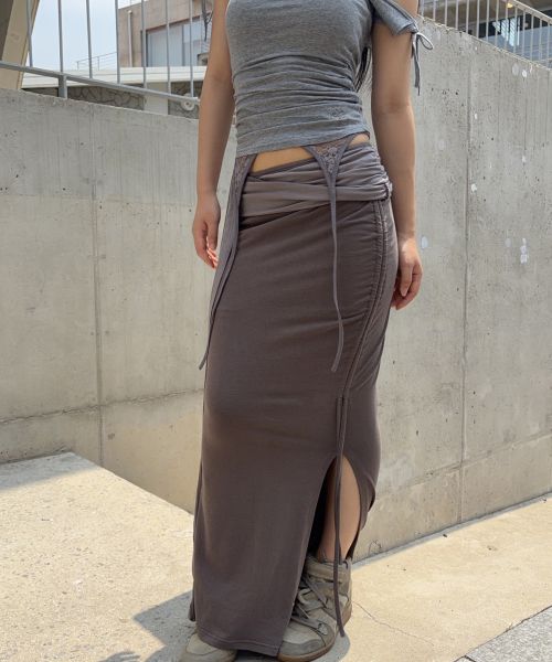 Sizing (Women) Please No Follow Ina Shirring Long Skirt - Khaki  Maxi Skirt PNBFSK005KK