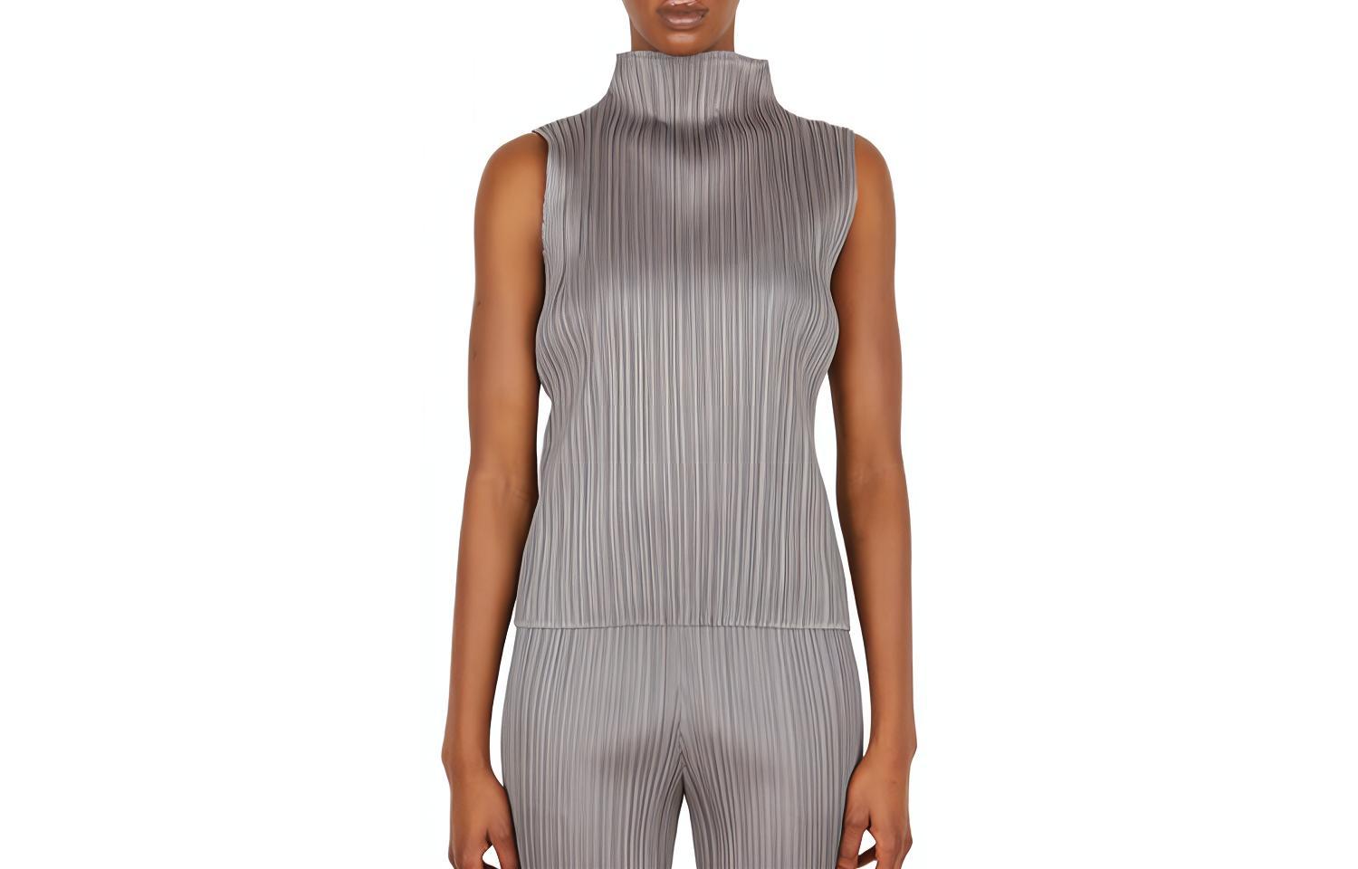 (Women) PLEATS PLEASE ISSEY MIYAKE  Grey Sleeveless Turtleneck Pleated Tank Top PP28JK102-12