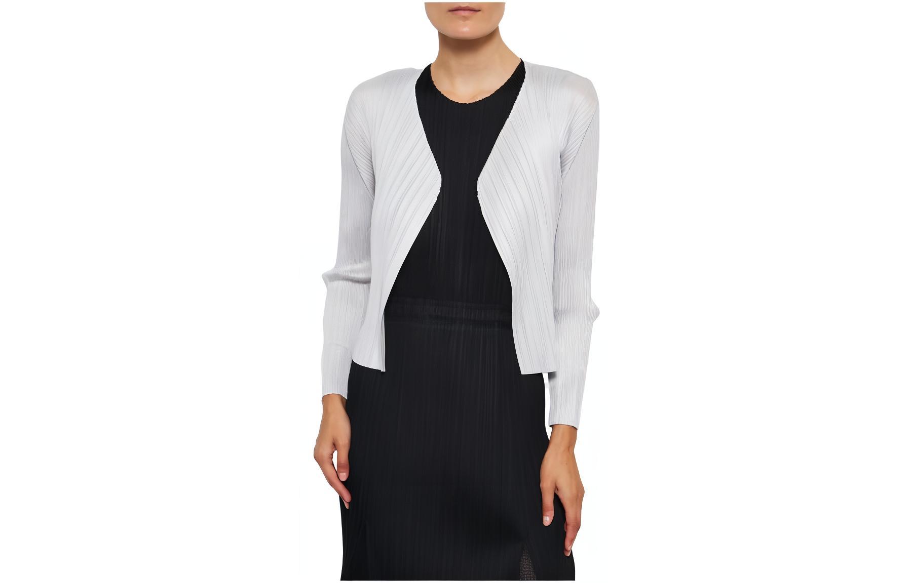 (Women) PLEATS PLEASE ISSEY MIYAKE  Light Grey Knit Cardigan Short Style PP36JO106-10