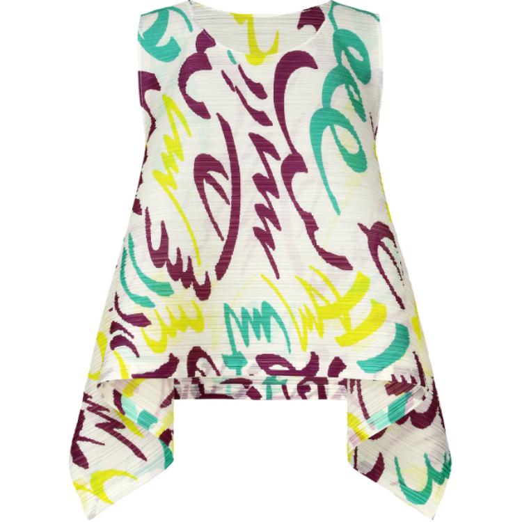 (Women) PLEATS PLEASE ISSEY MIYAKE  White Sleeveless Pleated Printed Top. PP46JK711-01