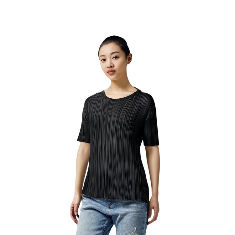 Shop (W) PLEATS PLEASE ISSEY MIYAKE SS22 純色百褶圓領女T恤 黑色 PP55JK103-15