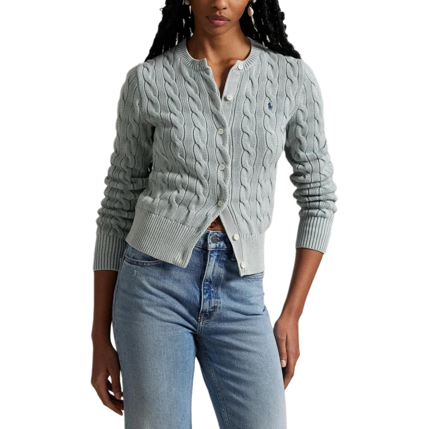 Lookbook (W) Polo Ralph Lauren 藍色修身針織圓領開襟毛衣。 211955325-008