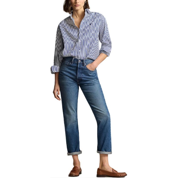 (Women) Polo Ralph Lauren  Blue Striped Loose Fit Long Sleeve Shirt with Embroidery WMPOSHTNDN20240