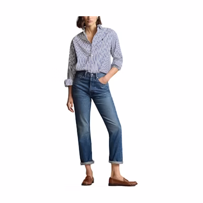 (Women) Polo Ralph Lauren Blue Striped Loose Fit Long Sleeve Shirt with Embroidery WMPOSHTNDN20240