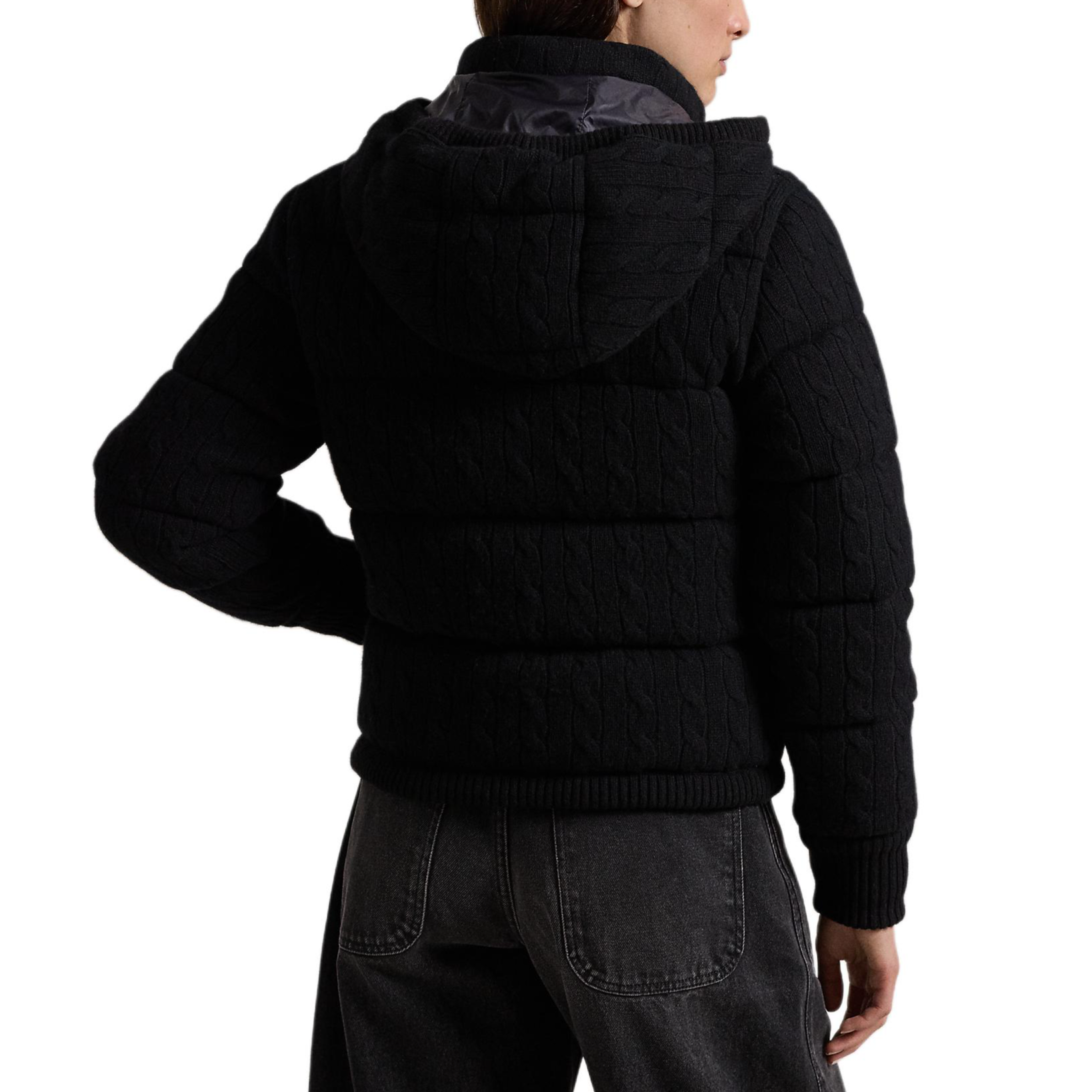 Shop (Women) Polo Ralph Lauren  Cable Knit Hooded Long Sleeve Down Jacket Black 211930632005