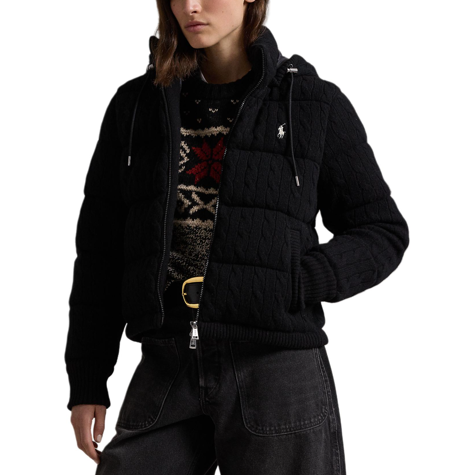 Purchase (Women) Polo Ralph Lauren  Cable Knit Hooded Long Sleeve Down Jacket Black 211930632005
