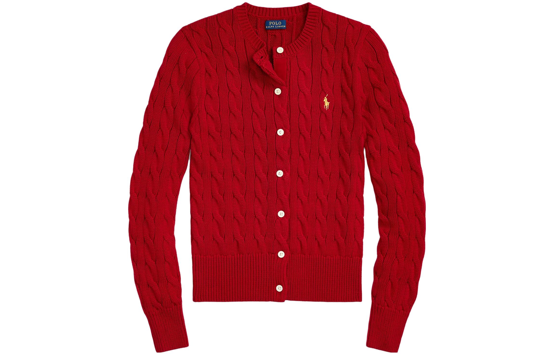 (Women) Polo Ralph Lauren  Red Solid Crewneck Long-Sleeve Cardigan Sweater. 211910443012-012
