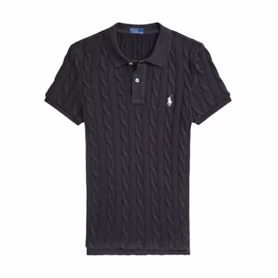 (Women) Polo Ralph Lauren Slim Fit Black Polo Shirt with Cable Knit & Pony Logo. WMPOKNINB920178