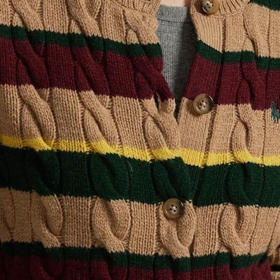 (Women) Polo Ralph Lauren Slim Fit Camel Knit Sweater with Striped Cable Knit. 211949980001 Sizing (Women) Polo Ralph Lauren Slim Fit Camel Knit Sweater with Striped Cable Knit. 211949980001