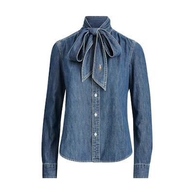 (Women) Polo Ralph Lauren Solid Denim Jacket with Bow Design in Blue. 211815167-001