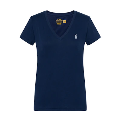 (Women) Polo Ralph Lauren Solid Logo Embroidered V-Neck T-Shirt Navy Blue. 211682523-019