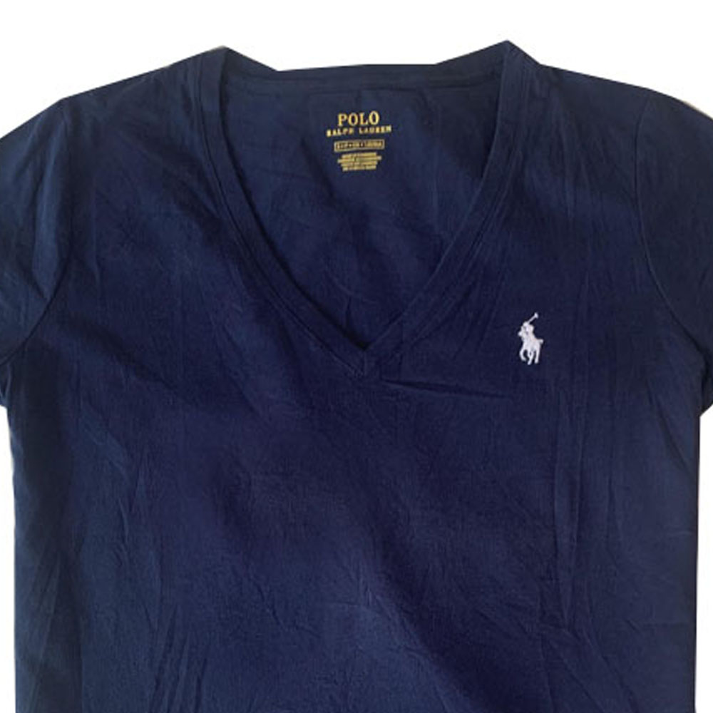 Shop (W) Polo Ralph Lauren Solid Logo Sulam Leher-V T-Shirt Biru Navy. 211682523-019