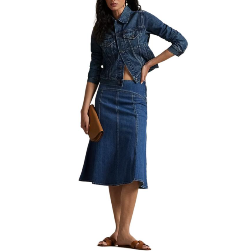 Lookbook (W) ポロ ラルフローレン ソリッド パッチワーク ミディ デニムスカート ブルー WMPOSKTNDC20108-400