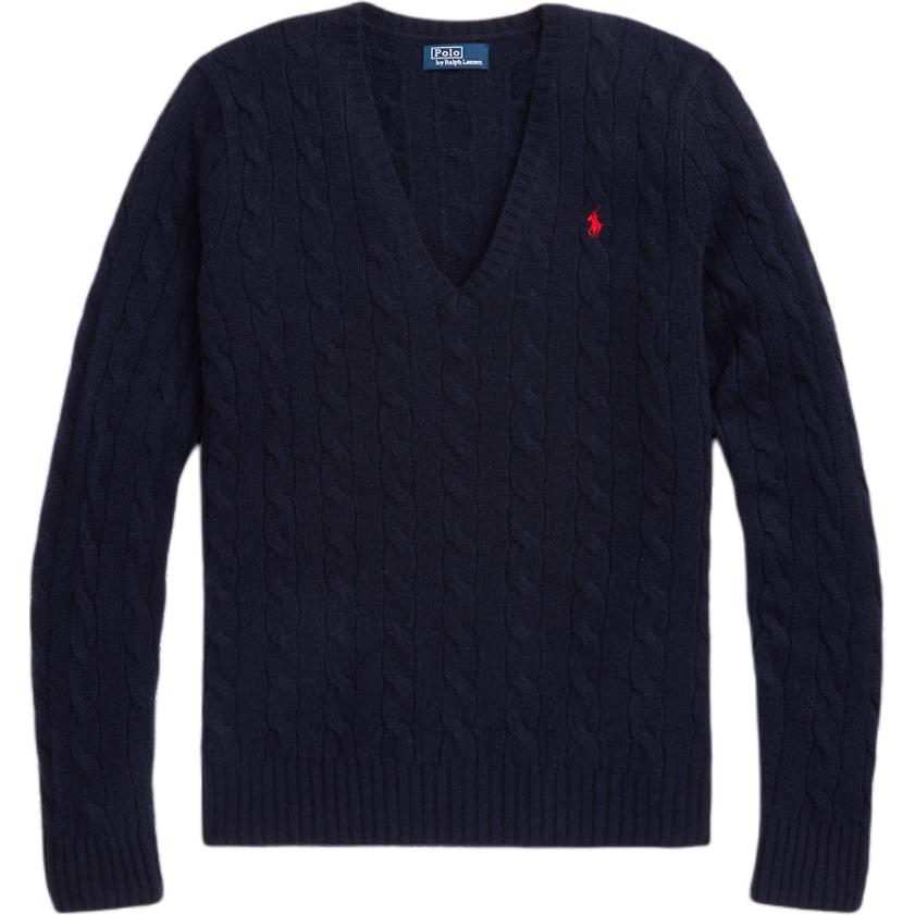 (Women) Polo Ralph Lauren  Solid V-Neck Badge Print Pullover Sweater Navy Blue WMPOSWENC020782-400