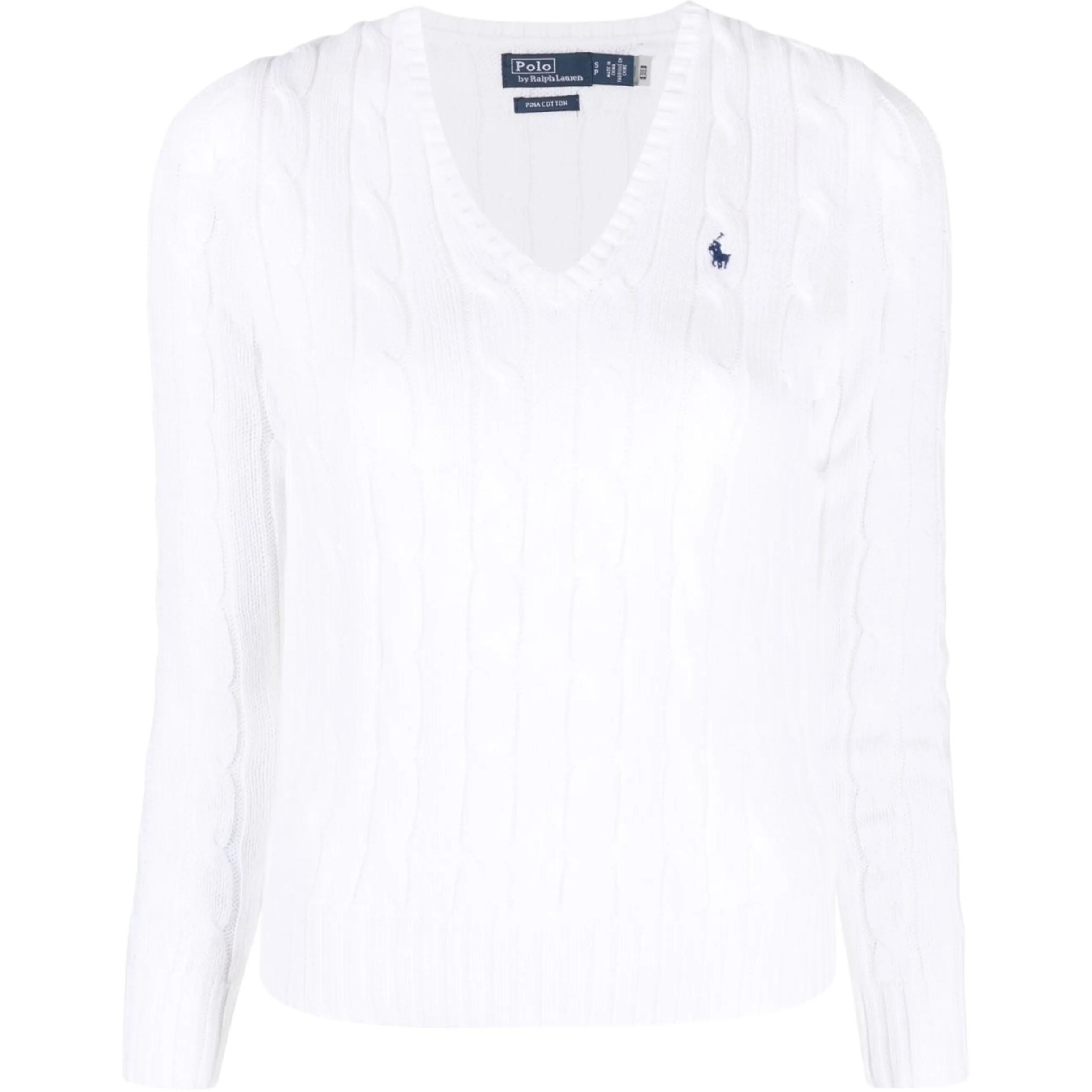 (Women) Polo Ralph Lauren  Solid V-Neck Long Sleeve Sweater White 211891641-001