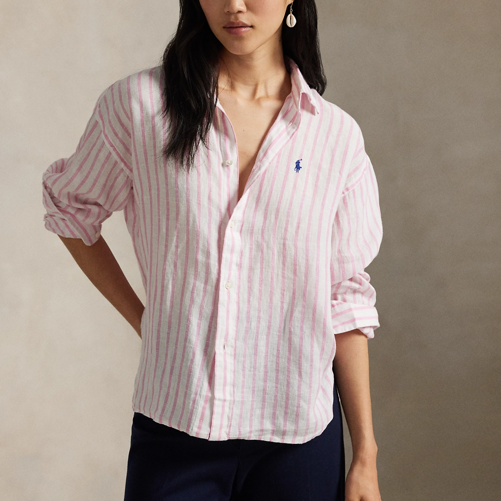 Shop (W) Polo Ralph Lauren 条纹亚麻衬衫宽松版 粉色. WMPOSHTNDO20886-999