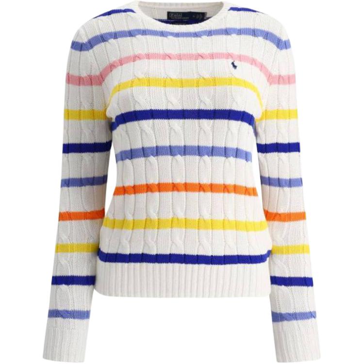 (Women) Polo Ralph Lauren  Striped Logo Embroidered Knit Sweater White SS23. 211904647-001