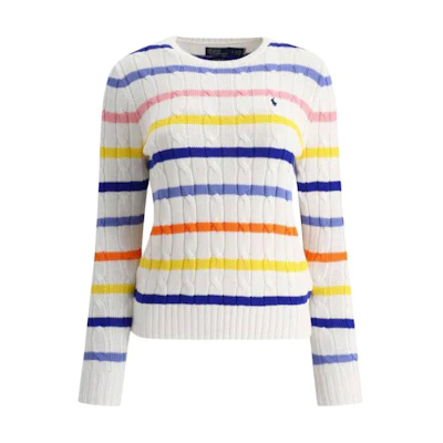 (Women) Polo Ralph Lauren Striped Logo Embroidered Knit Sweater White SS23. 211904647-001