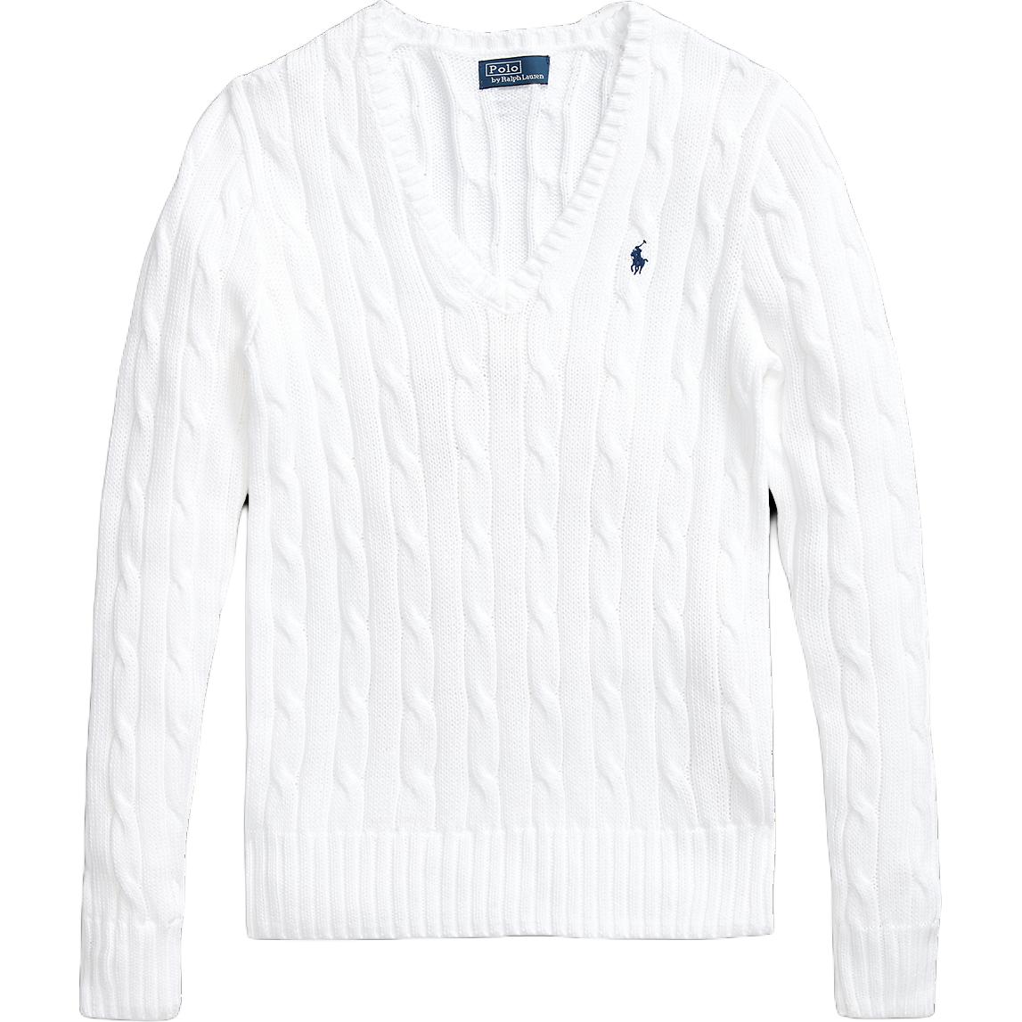 Order (W) Polo Ralph Lauren Sweater V-Neck Kait Kabel Kapas Putih. WMPOSWENC020655-100