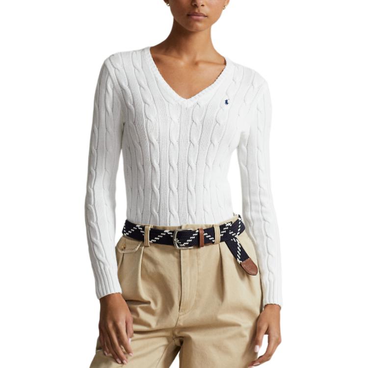 Shop (W) Polo Ralph Lauren Sweater V-Neck Kait Kabel Kapas Putih. WMPOSWENC020655-100