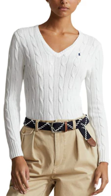 (W) Polo Ralph Lauren Sweater V-Neck Kait Kabel Kapas Putih. WMPOSWENC020655-100 Shop (W) Polo Ralph Lauren Sweater V-Neck Kait Kabel Kapas Putih. WMPOSWENC020655-100
