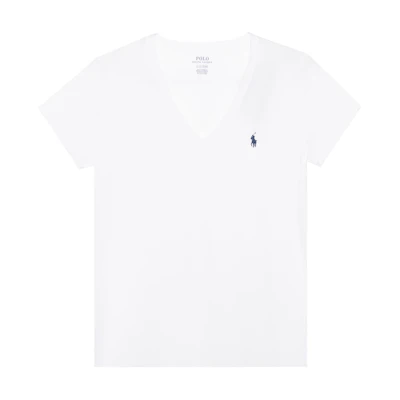 (Women) Polo Ralph Lauren V-Neck White T-Shirt with Logo Embroidery. 211747406-003