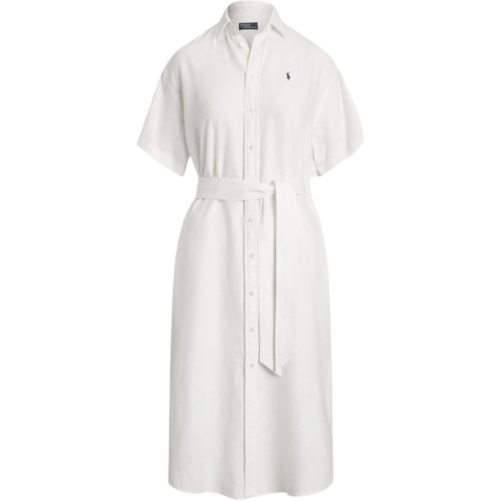 (Women) Polo Ralph Lauren  White Belted Midi Shirt Dress Short Sleeve 211959912-002