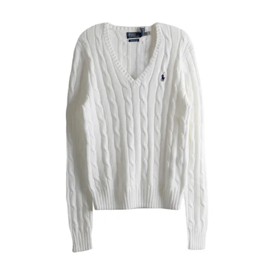 (Women) Polo Ralph Lauren White V-Neck Long Sleeve Knit Sweater with Logo. 211971870-003