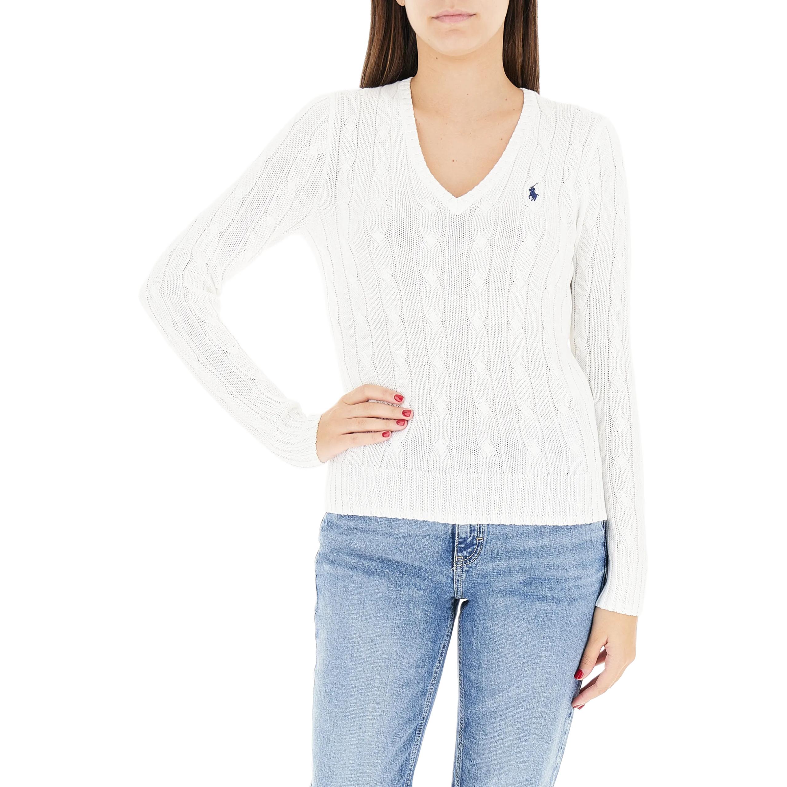 (Women) Polo Ralph Lauren  White V-Neck Long Sleeve Knit Sweater with Logo. 211971870-003 圖 3
