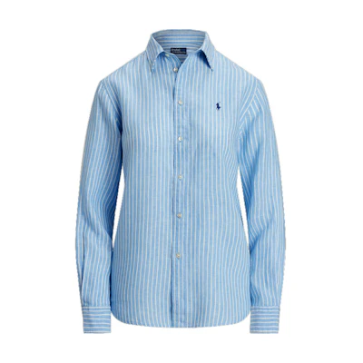 (Women) Polo Ralph Lauren Classic Striped Linen Pony Embroidered Shirt Blue WMPOSHTNDO20749-400