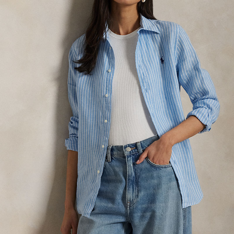 (Women) Polo Ralph Lauren Classic Striped Linen Pony Embroidered Shirt  Blue WMPOSHTNDO20749-400 圖 3