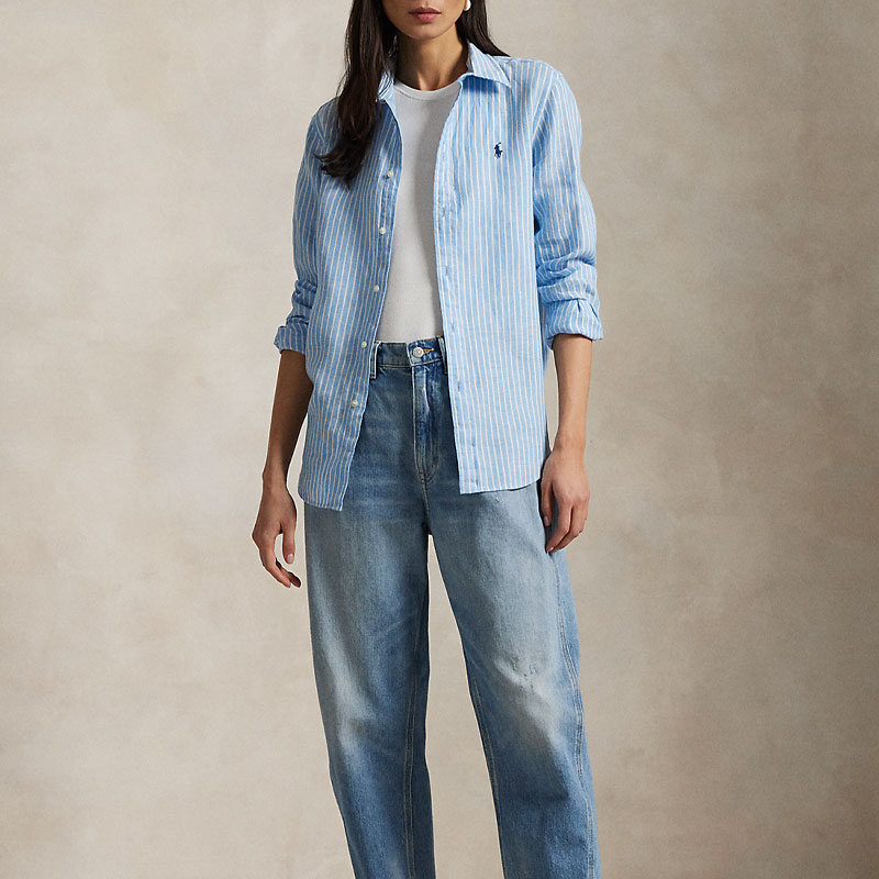 (Women) Polo Ralph Lauren Classic Striped Linen Pony Embroidered Shirt  Blue WMPOSHTNDO20749-400 圖 5