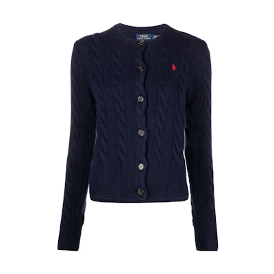 (Women) Polo Ralph Lauren FW22 Blue Cable Knit Wool Cardigan with Logo Embroidery. 211873373-003
