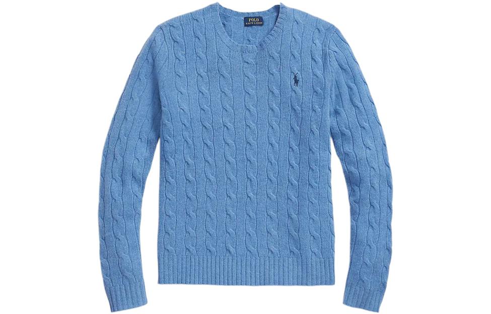 (Women) Polo Ralph Lauren FW22  Blue Cable Knit Wool Sweater with Logo Embroidery. 211875831-001