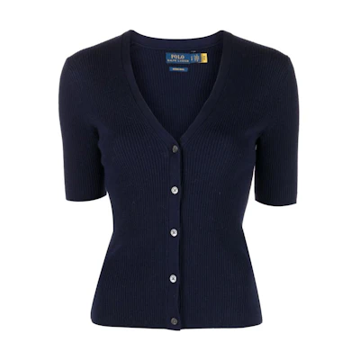 (Women) Polo Ralph Lauren FW22 Blue V-Neck Wool Knit Short Sleeve Sweater. 211872892-001