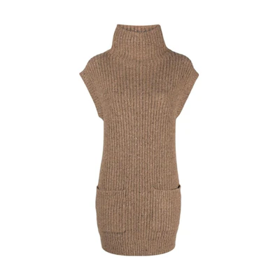 (Women) Polo Ralph Lauren FW22 Brown Solid Knit Turtleneck Long Vest. 211872889-001