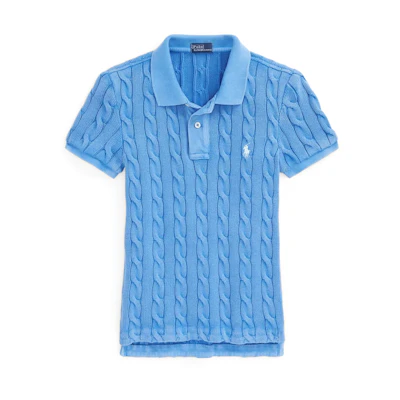 (Women) Polo Ralph Lauren FW22 Cable Knit Short Sleeve Polo Shirt Blue. WMPOKNINCU20664-400